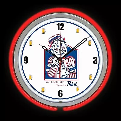 15  Pabst Bartender Beer Red Double Neon Clock Chrome Finish Man Cave Bar • $119.99