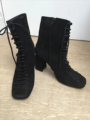 Ladies Venezia Black Suede Leather Lace Up/Zip Boots Size 40 (UK 7) • £7.50