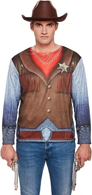 Mens Cowboy Shirt  Sheriff Fancy Dress Wild Western Adults Costume Accessory Top • £9.99