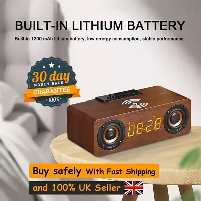 £32.99 • Buy Wooden Digital Alarm Clock Speaker FM Radio 10W Wireless Phone Charger LED Clock