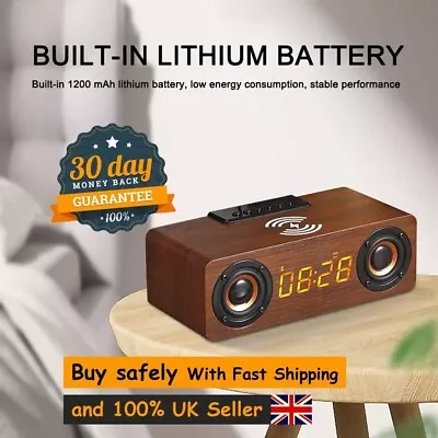 £32.99 • Buy Wooden Digital Alarm Clock Speaker FM Radio 10W Wireless Phone Charger LED Clock