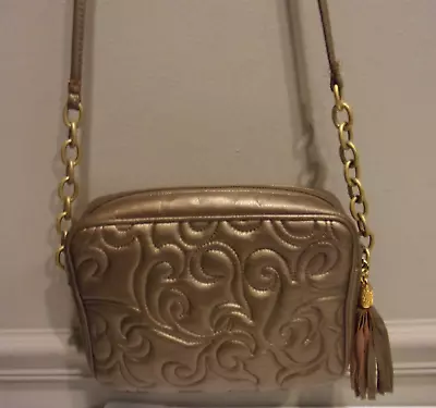 VtgBronze LeatherQuilted Scroll Design Tassel Chain & Leather Strap CBSh Bag • $35.99