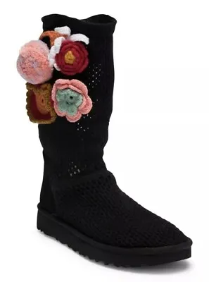 Ugg W Crochet Classic 1095270 Black Floral Flowers Flower Power Boots Womens 6 • $75