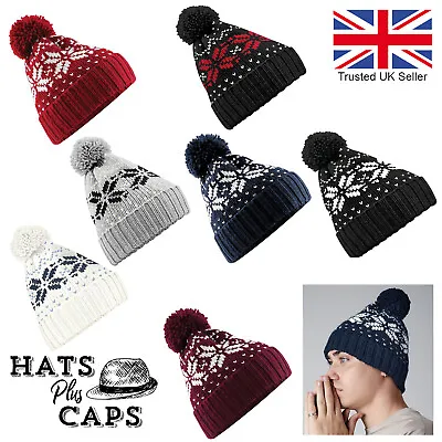 Fair Isle Knitted Pom Pom Hat Warm Winter Bobble Ski Beanie Hat • £9.99