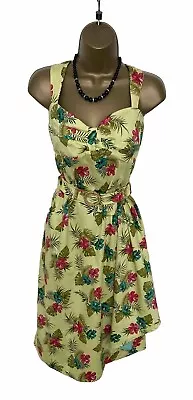 GORGEOUS FLORAL DRESS By COLLECTIF M UK 12-14 VGC YELLOW MIX STRETCH COTTON BELT • £6.99