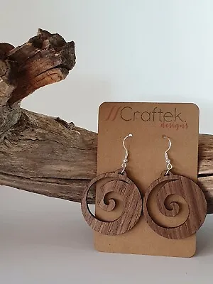 Wooden Earrings Laser Cut Round Swirl Design Drop/Dangle Style A2 • $20