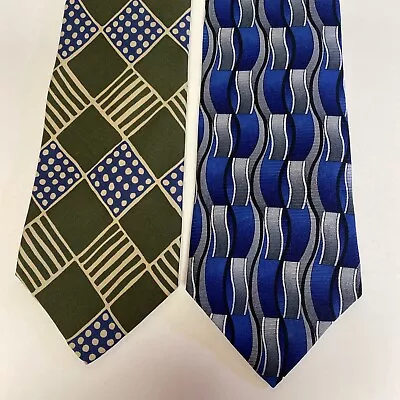 Lot Of 2 Necktie J Crew & Riggings Men's Tie Geometric Blue Green.           A46 • $6.74