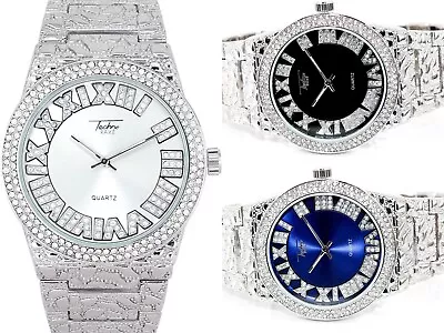 Men Iced Watch Bling Rapper Simulate Diamond Lab Metal Silver Luxury Nugget Hot • $24.99