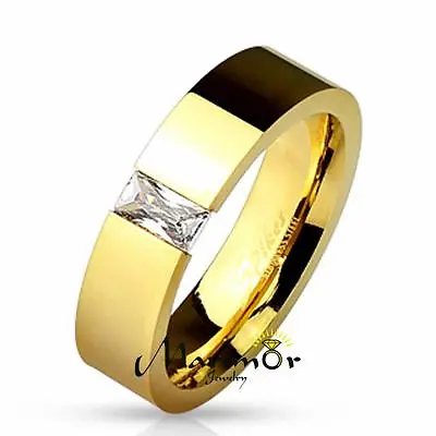 Tension Set Radiant Cut CZ Stainless Steel Gold IP Wedding Band Ring Size 5-13 • $14.32