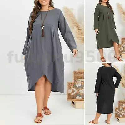 $24.66 • Buy AU STOCK Women Cotton Linen Long Sleeve Baggy Casual Holiday Oversize Maxi Dress