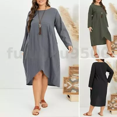 AU STOCK Women Cotton Linen Long Sleeve Baggy Casual Holiday Oversize Maxi Dress • $18.79