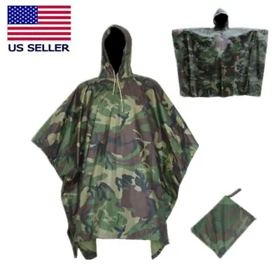 $29.96 • Buy Poncho Military Woodland Ripstop Wet Weather Raincoat Camo For Camping Hiking