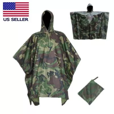 Poncho Military Woodland Ripstop Wet Weather Raincoat Camo For Camping Hiking • $29.96