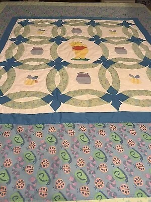 Vintage Hand Quilted Winnie The Pooh Double Wedding Ring Quilt 66x84 Twin  #147 • $18.95