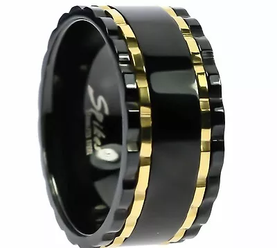 Black Open Gear Worry Spinner Men's Ring Stainless Steel Gold Overlay Size 9 T84 • $19.14