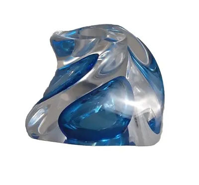 MCM Val Saint Lambert Fine Handblown Crystal Glass Blue Candlestick Holder 3  • $24.95