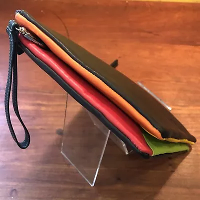 NEW MYWALIT Soft Leather 2-Zip Black Rainbow Pocket Clutch Wristlet Gift $132 • $55