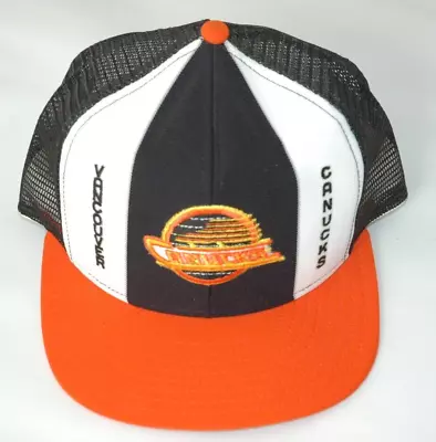 Original 1980s Vancouver Canucks Hat Cap AJD Lucky Stripe Mesh Trucker Snapback • $29.99