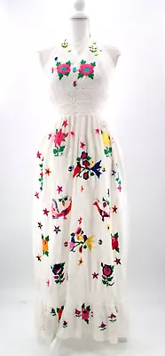 Vtg Women's 70s White Colorful Embroidered Mexican Maxi Dress 1970s XS Cotton • $124.99