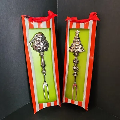 MUD PIE Holiday Coctail Fork Christmas Tree Santa Set Of 2 Silver Metal Heavy • $21.73