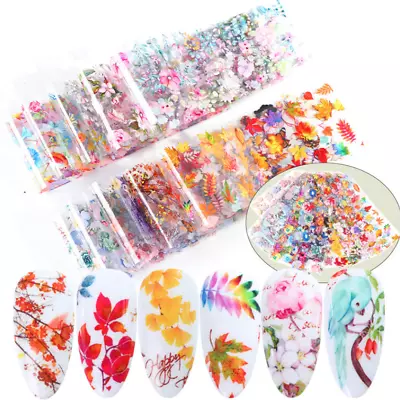 10Pcs Nail Art Foil Stickers Flower Pattern Transfer Decals Decoration Tips NS46 • $2.95