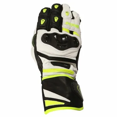 Weise Lancer Motorcycle Motorbike Leather Race Glove Black White Flouro Yellow • £64.99