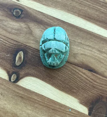 Small Vintage Antique Egyptian Carved Faience Scarab Blue Beetle Focal Bead • $16.50