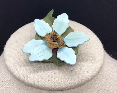 Vintage Costume Genuine Leather Baby Blue & Green Floral Pin MM71 • $5.99