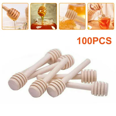 100pcs Honey Wooden Dipper Drizzler Spoon 8cm Mini Wood Stirring Rod Sticks Set • £10.55