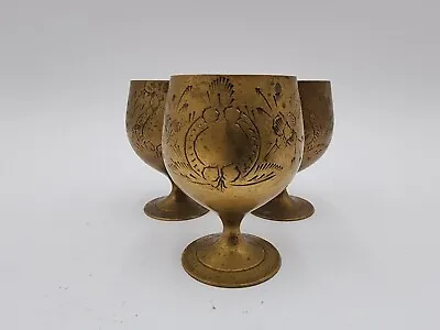 Set Of 3 Small Brass Pedestal Cups 2 5/8” Tall Etched • $20