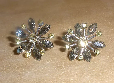 Black Diamond & Yellow Rhinestone Flower Earrings By Van Dell In Sterling • $19.88