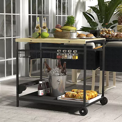 Outsunny Outdoor Bar Cart Patio Serving Cart With Wine Holders Natural • $129.99