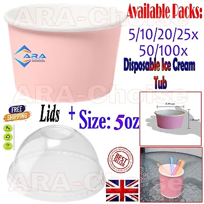 5oz Disposable Ice Cream Paper Tub Cup Dessert Container With Domed Clear Lid • £6.95