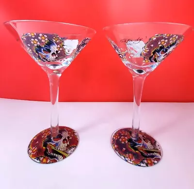 Set Of 2 Ed Hardy Skull Martini Glasses By Christian Audigier • $12