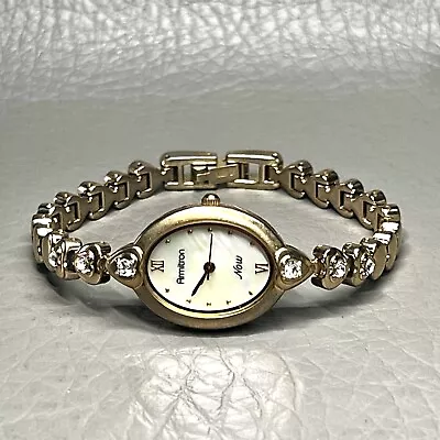 Vintage Armitron Now Watch Women Heart Shaped Crystal 6.5  Band Oval MOP • $34.90