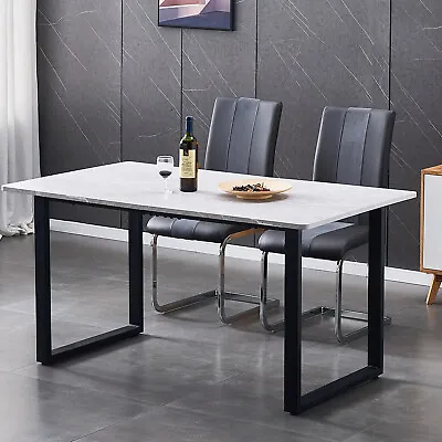 £139.99 • Buy 150cm Dining Table Marble Effect Grey Top With U Shape Metal Black Legs Kitchen