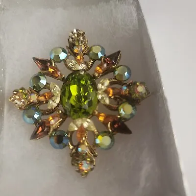 VTG Signed Made In USA Colorful Crystals Amber Tones Green Brooch Pin • $15.99