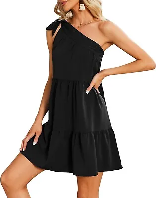 Women One Shoulder Sleeveless Dress Medium Ruffle Tiered Prom Party Black D6 • $16.96