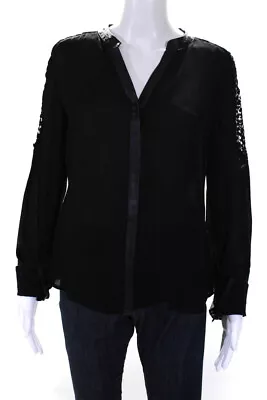 Madison Marcus Womens Button Front Lace Trim V Neck Silk Shirt Black Size Small • $34.81