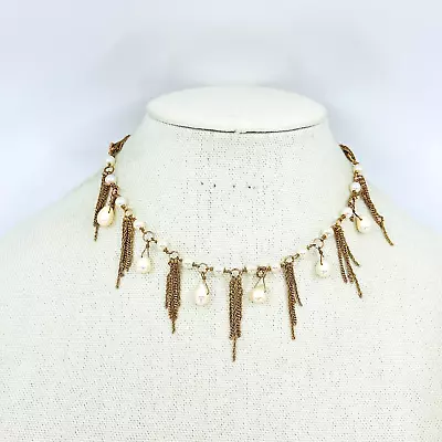 Cookie Lee Necklace Faux Pearl Glass Tassel Fringe Bronze Tone Jewelry • $12.71