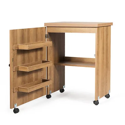 Folding Sewing Craft Table Shelf Storage Cabinet Furniture W/Wheels Natural • $99.99