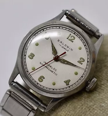 Vintage 1950s Mens Baldwin WWII Military Style Wristwatch 17j Swiss Stainless • $65