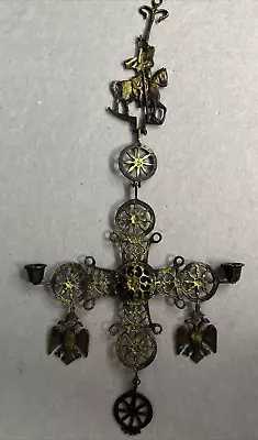 Vintage Brass Byzantine Cross Candleholder Wall Hanging T3067 • £10