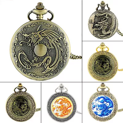 Vintage Antique Steampunk Dragon Quartz Pocket Watch Necklace Chain Gift Retro • $8.51