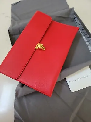 $750 • Buy Authentic Alexander McQueen Red Leather Gold Skull Envelope Clutch Bag MINT