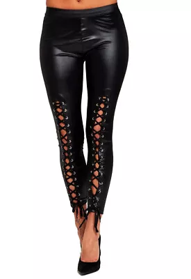 Womens Black Faux Leather Front Lace Up Leggings • £13.99