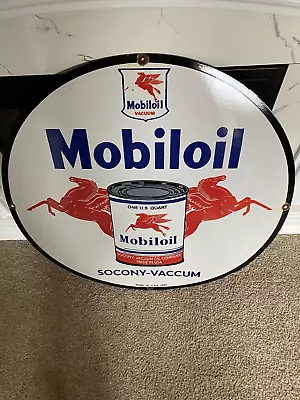 MOBILOIL SOCONY PORCELAIN ENAMEL SIGN 30 INCHES ROUND Original Dated 1942. • $9.95