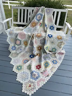 Vintage Hand Stitched Hand Bound Feed Sack Grandmothers Flower Garden Quilt • $199