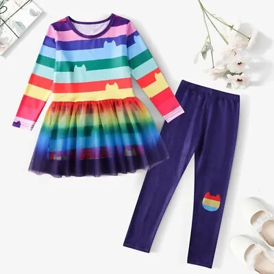 2PCS Girls Gabbys Dollhouse Rainbow Party Princess Dress Pants Kids Outfits Sets • £11.39