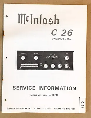 McIntosh C-26 / C26 Preamp / Preamplifier Service Manual *Original* • $29.97